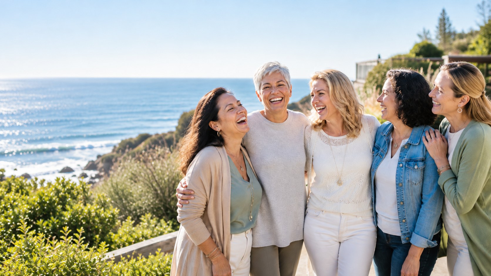 Fünf Freundinnen lachen gemeinsam an einem sonnigen Tag am Meer