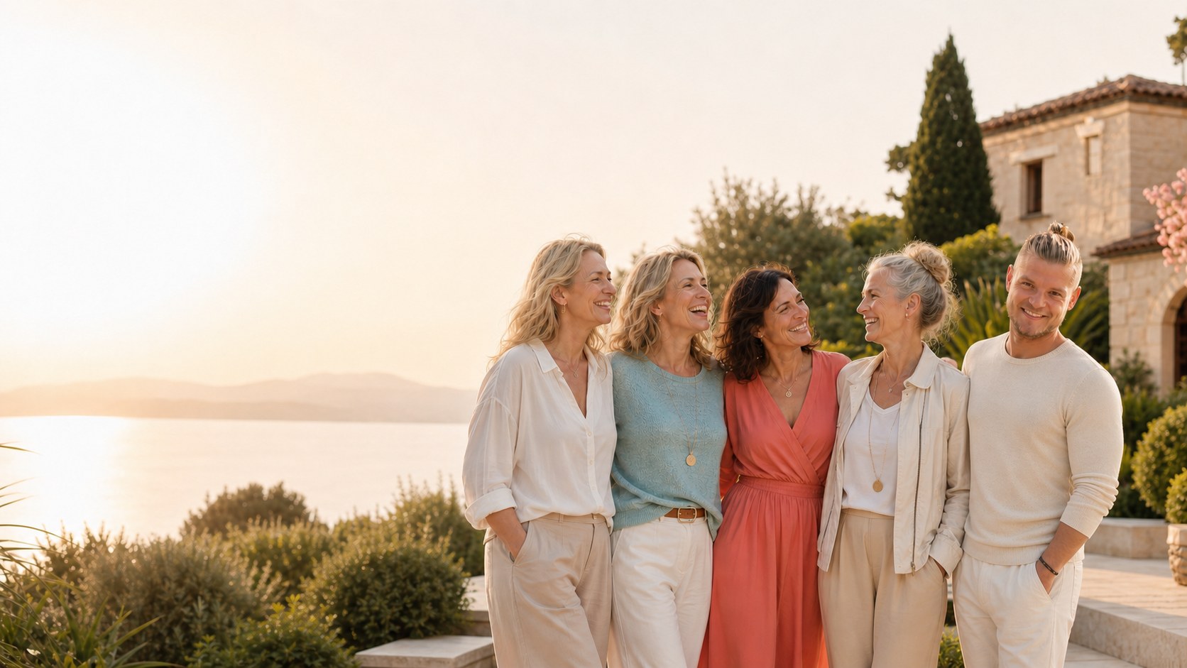Titelmotiv des Webinars: Daniel mit einer Gruppe lachender Frauen am See